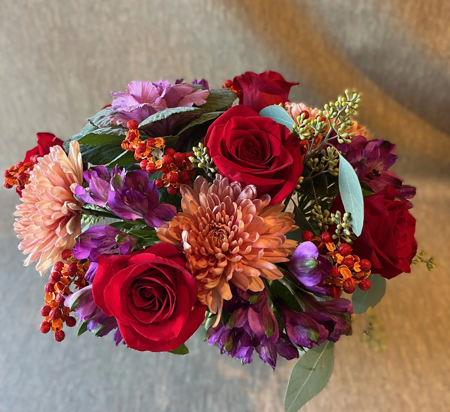 Beautiful fall flower arrangement with seasonal and best of market blooms
